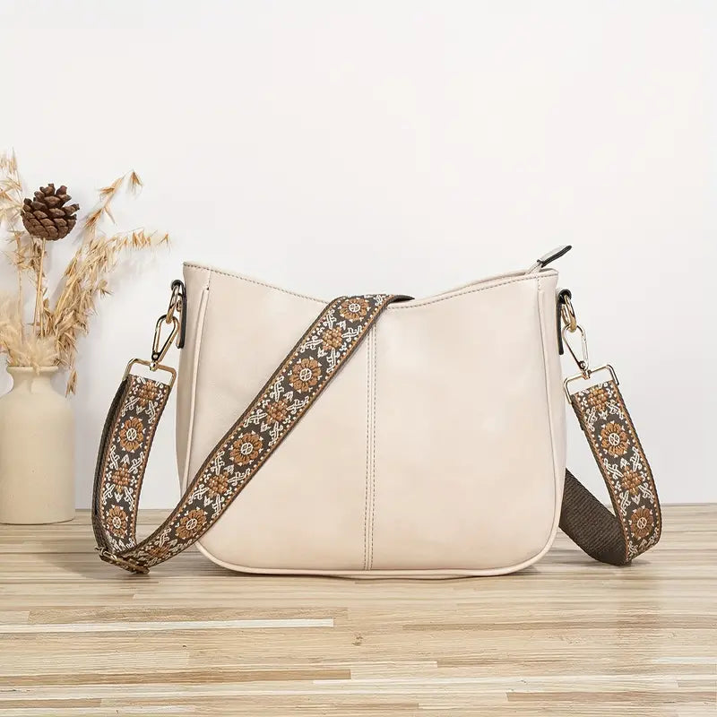 Vegan Leather Shoulder Bag with Wide Printed Strap – Stylish & Comfortable Everyday Handbag