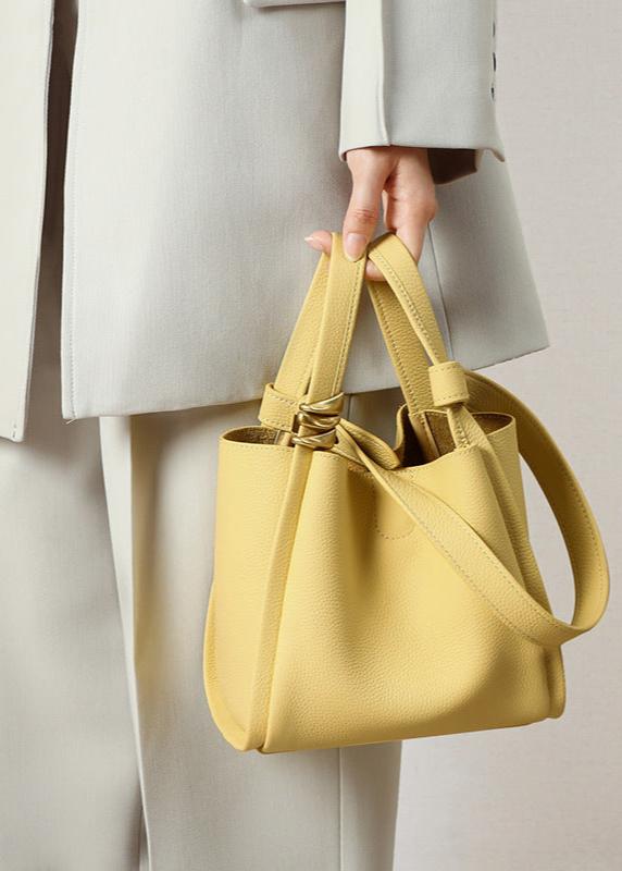 Genuine Leather Bucket Tote Bag for Women – Spacious Modern Handbag with Removable Inner Pouch & Gold Accents