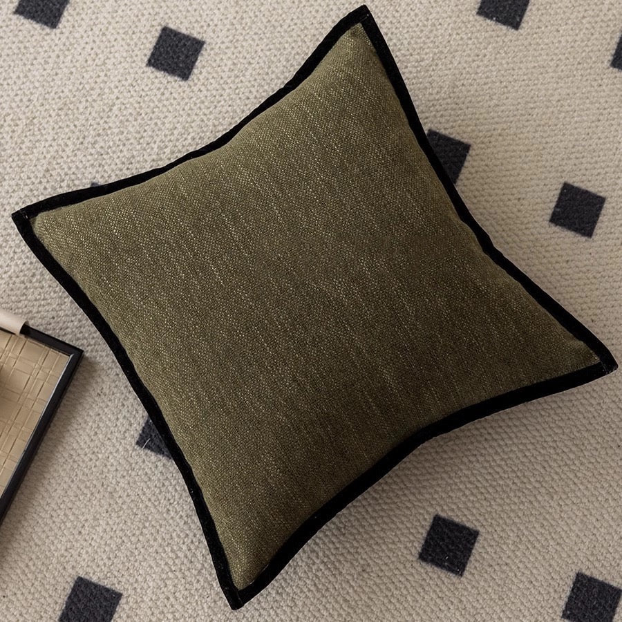 Modern Green & Beige Decorative Pillow with Black Contrast Trim – Minimalist Throw Cushion for Sofa, Bed, or Lounge
