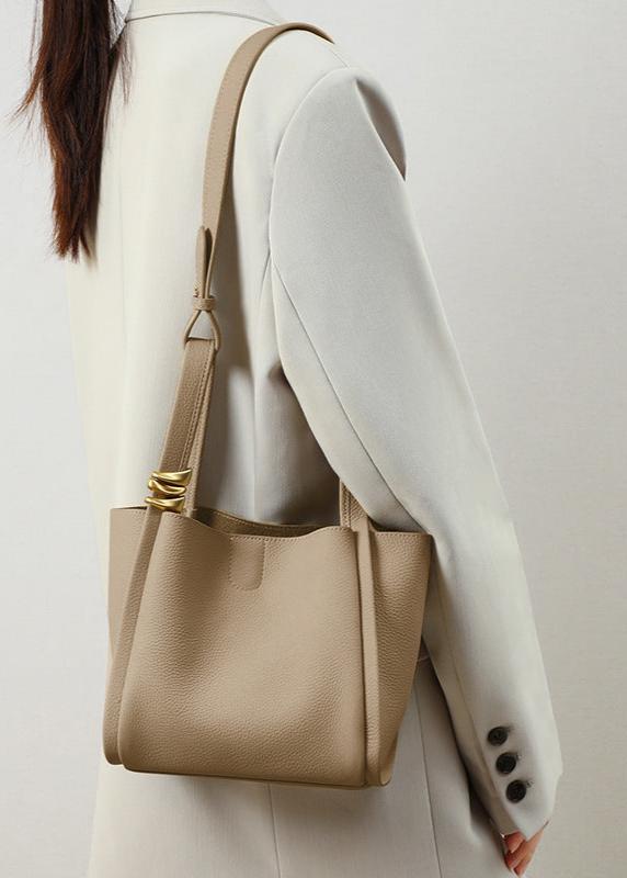 Genuine Leather Bucket Tote Bag for Women – Spacious Modern Handbag with Removable Inner Pouch & Gold Accents
