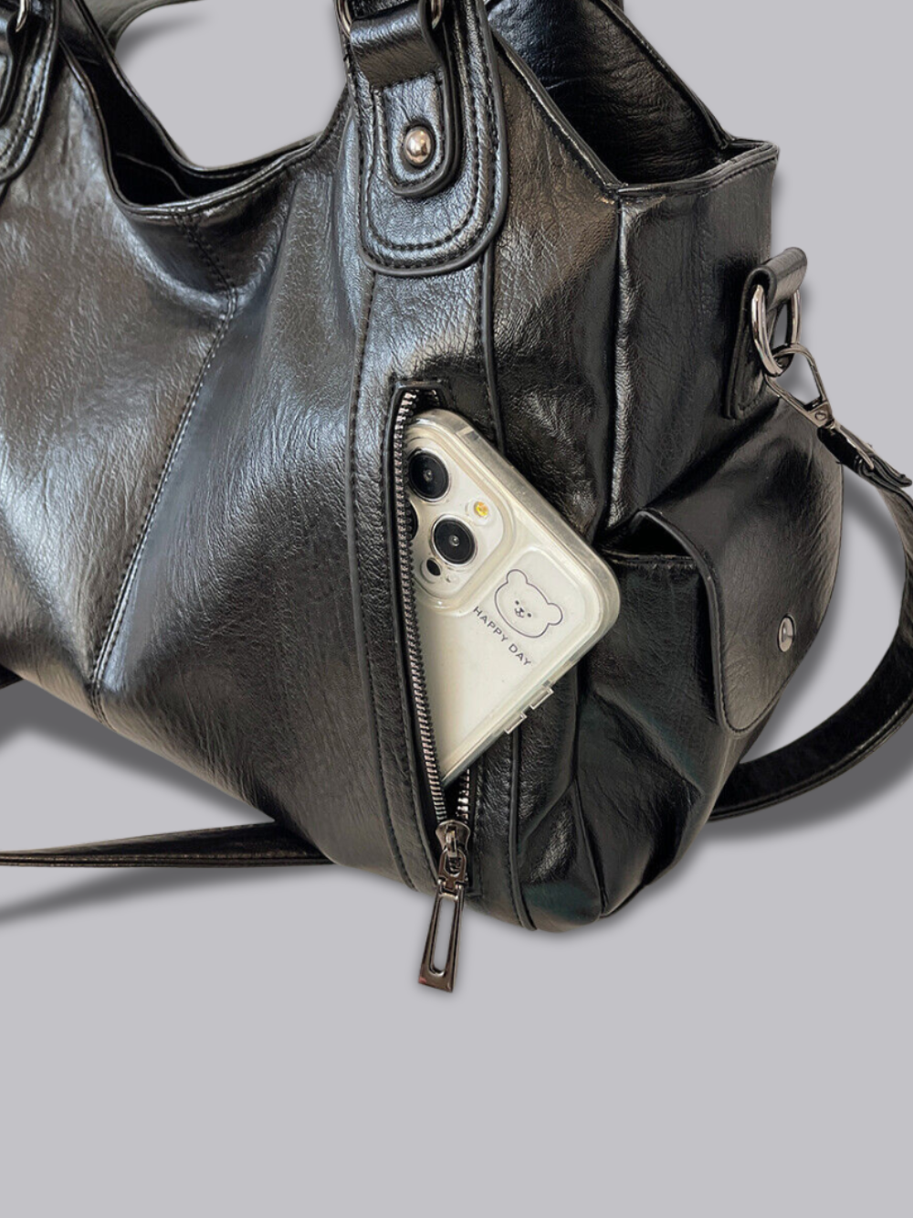 Black Leather Shoulder Bag with Side Pockets – Spacious & Elegant Women’s Leather Handbag