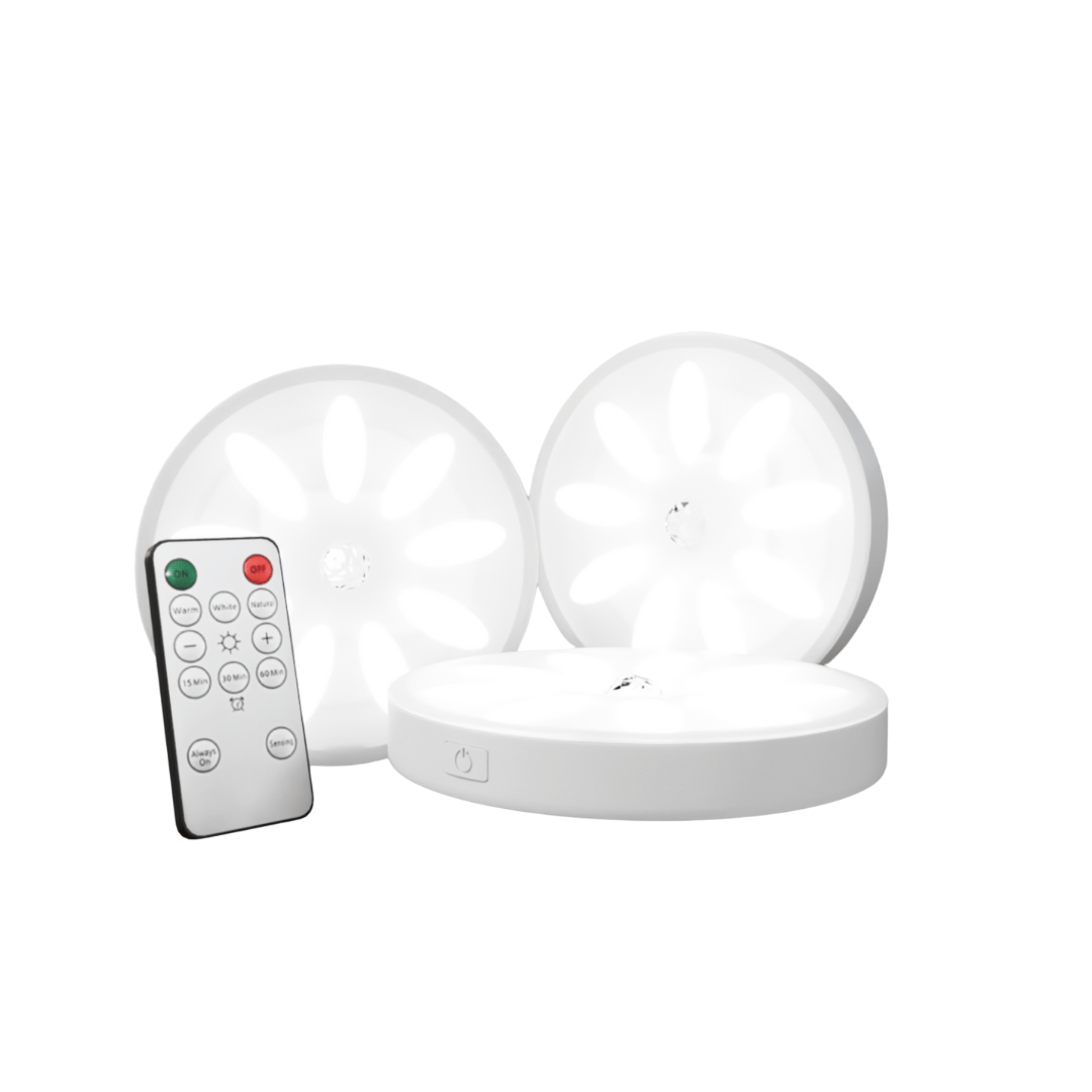 Wireless LED Puck Lights with Remote Control – Dimmable Under Cabinet Lighting with Timer & Adhesive Mount – Battery Operated, 3 Color Modes