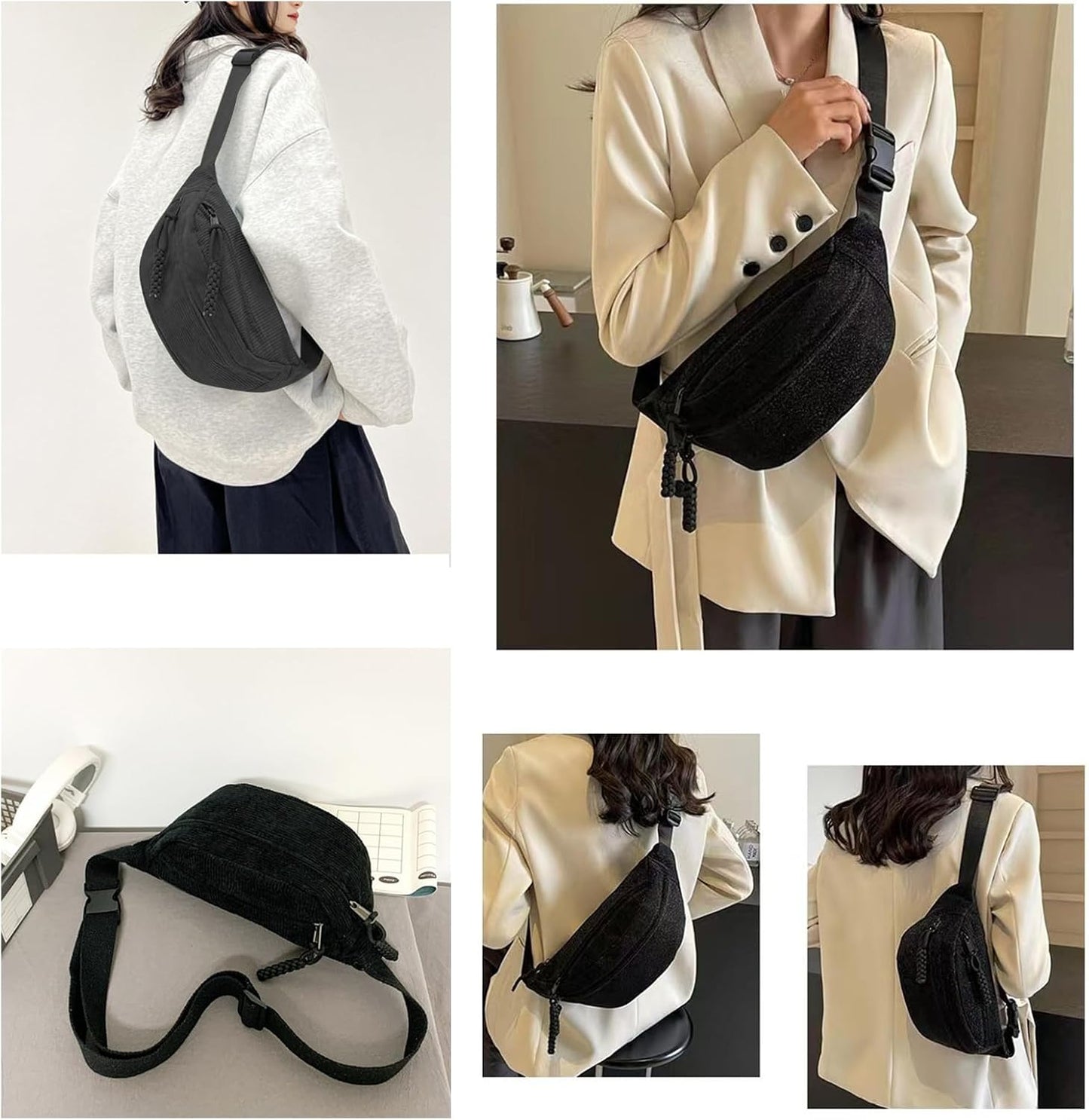 Minimalist Black Corduroy Crossbody Bag – Durable, Adjustable, Lightweight