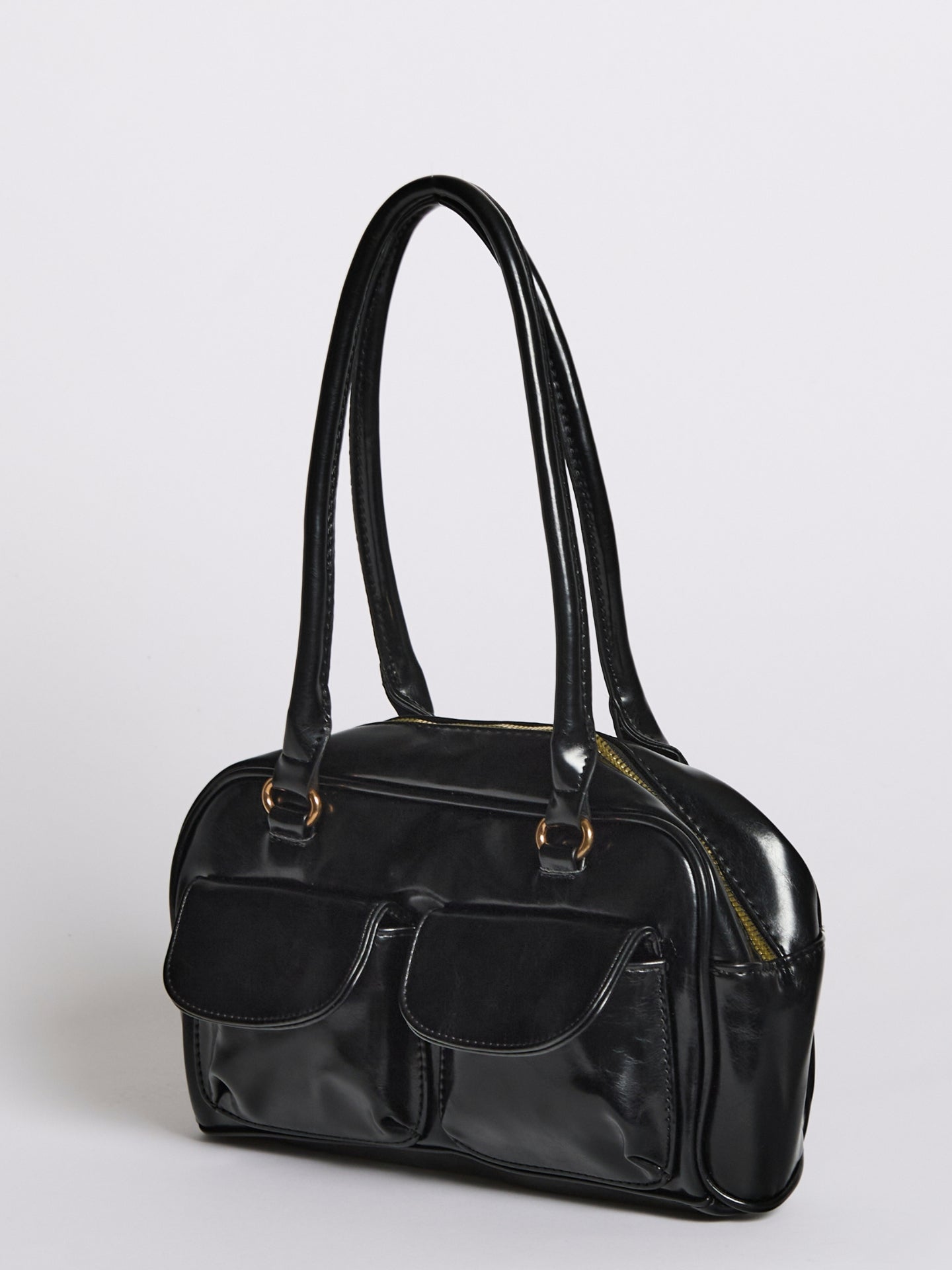 Vegan Leather Black Handbag with Dual Front Pockets – Stylish & Spacious