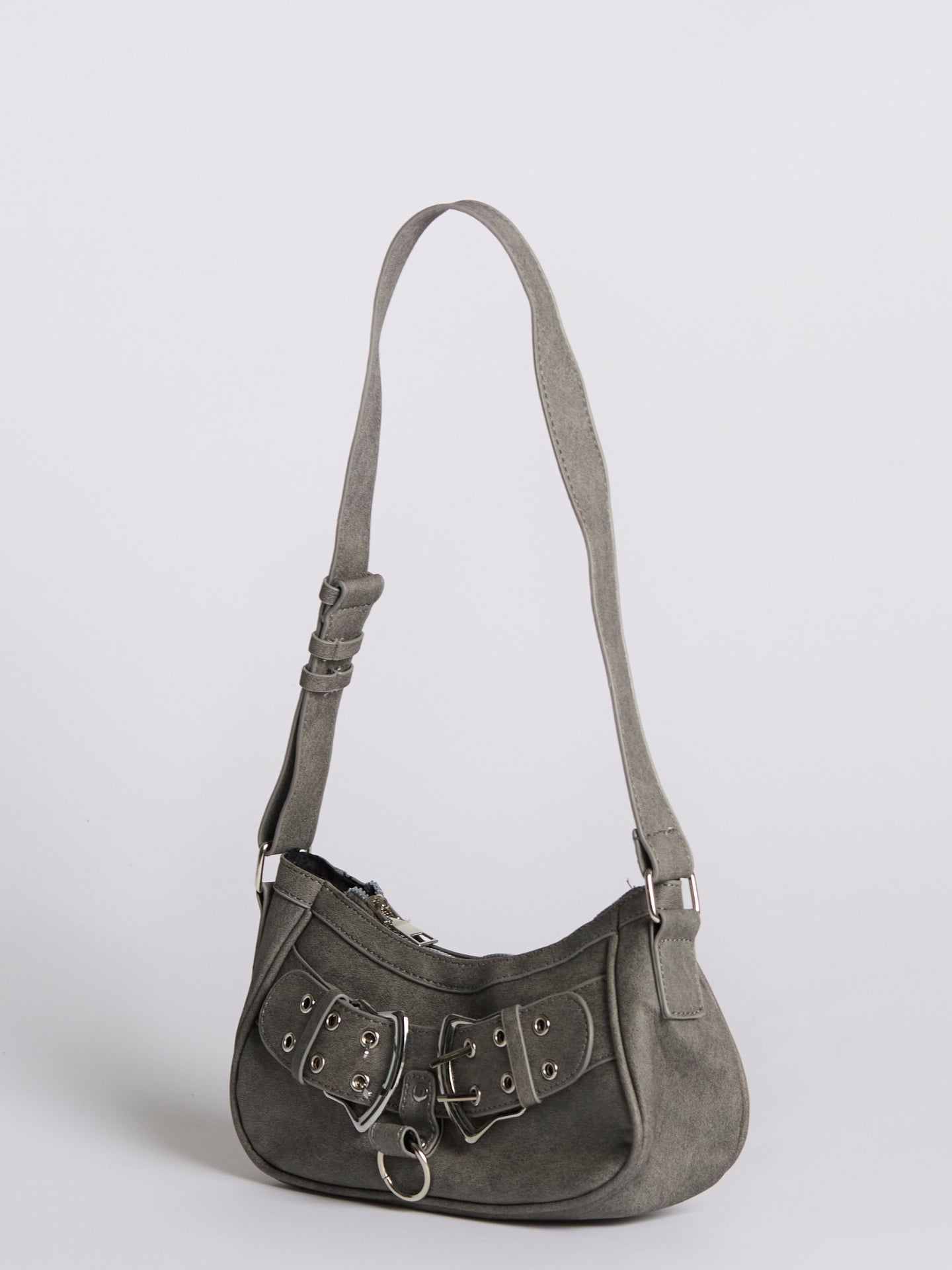 Trendy Grey Shoulder Bag with Buckle – Compact & Stylish
