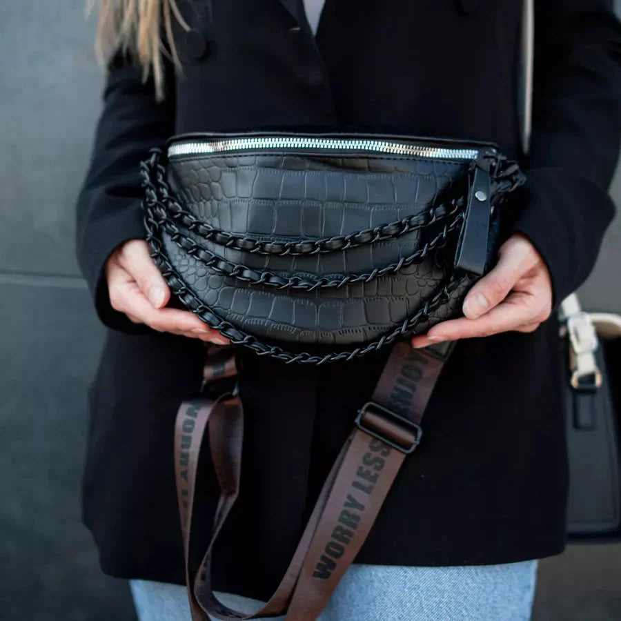 Black Braided PU Leather Crossbody Waist Bag – Adjustable Strap, Urban Style Fanny Pack for Women