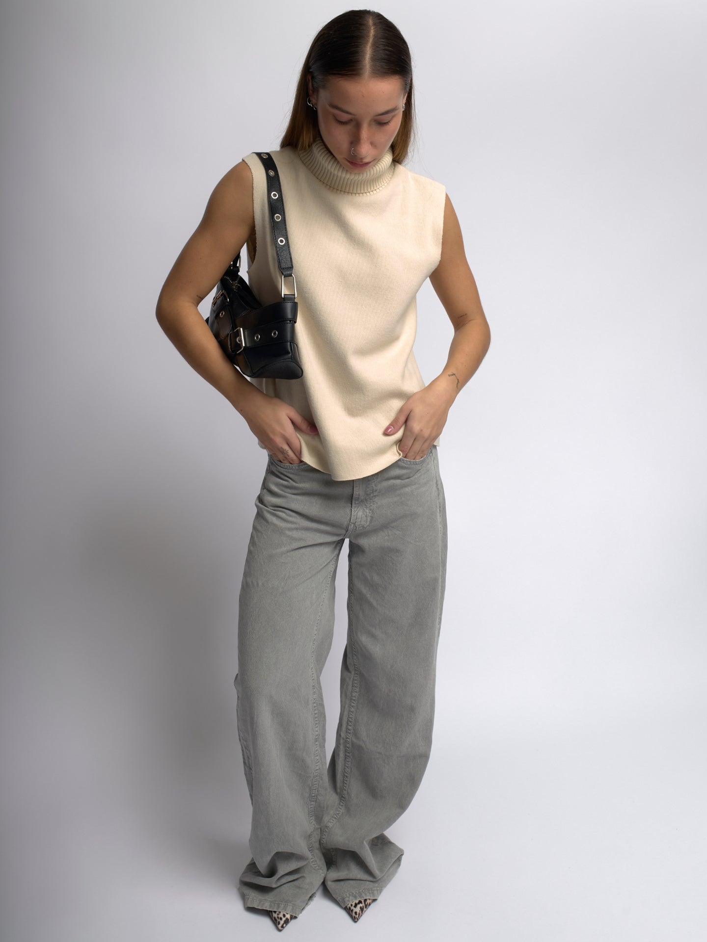 Vegan Leather Black Shoulder Bag with Buckle Details – Stylish & Sustainable