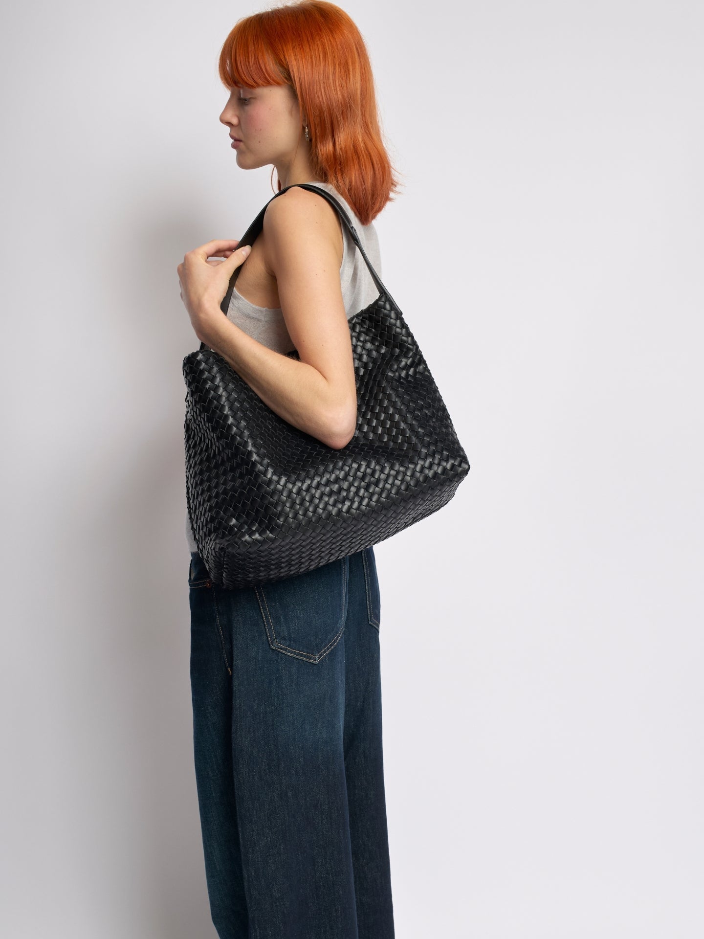 Vegan Leather Woven Hobo Shoulder Bag – Black, Stylish & Spacious