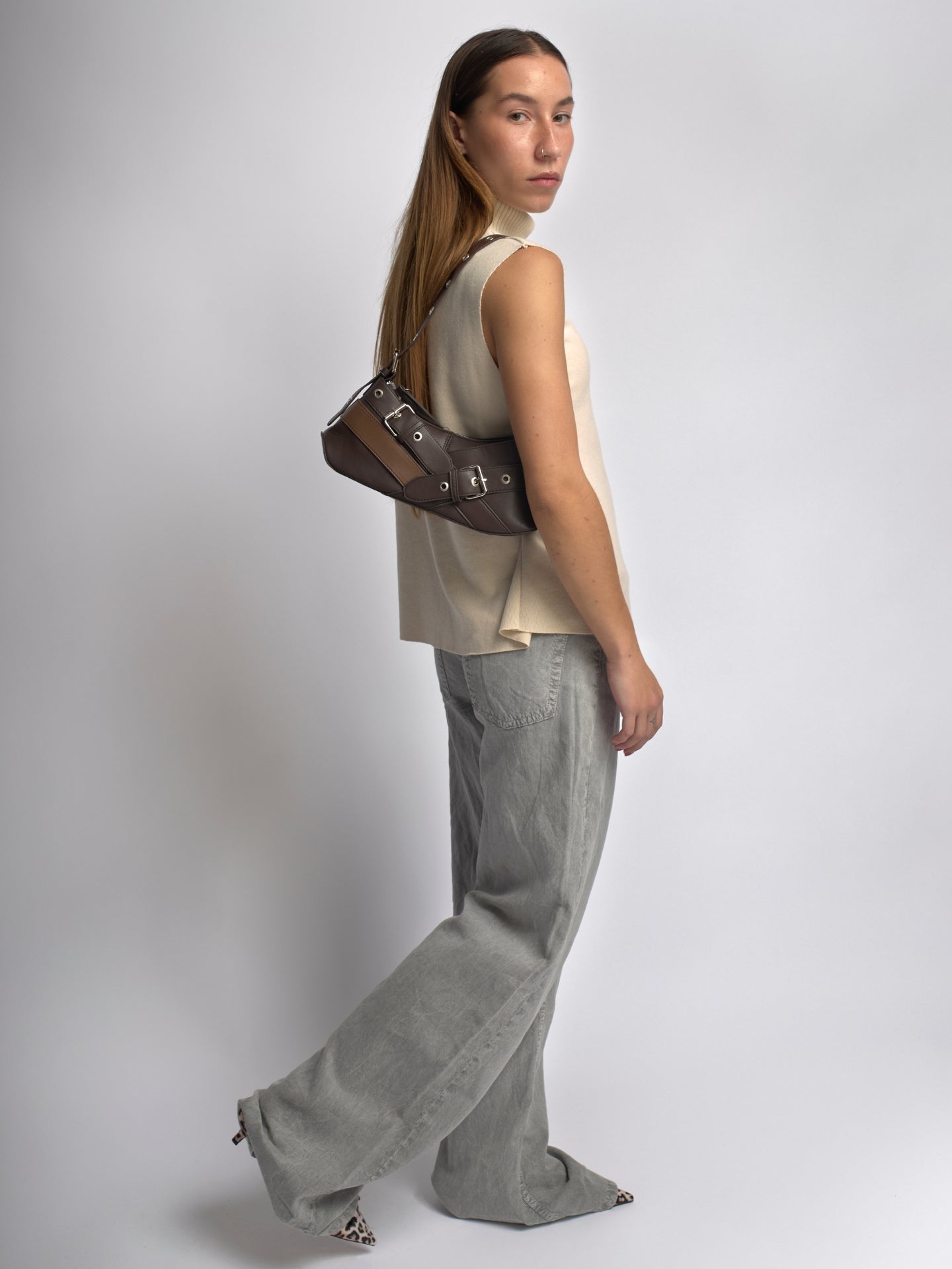 Vegan Leather Black Shoulder Bag with Buckle Details – Stylish & Sustainable