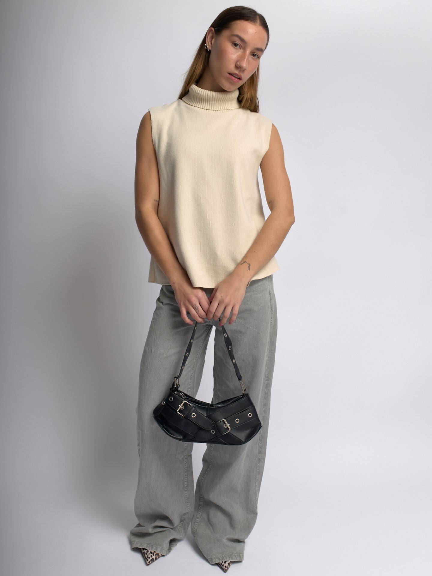 Vegan Leather Black Shoulder Bag with Buckle Details – Stylish & Sustainable