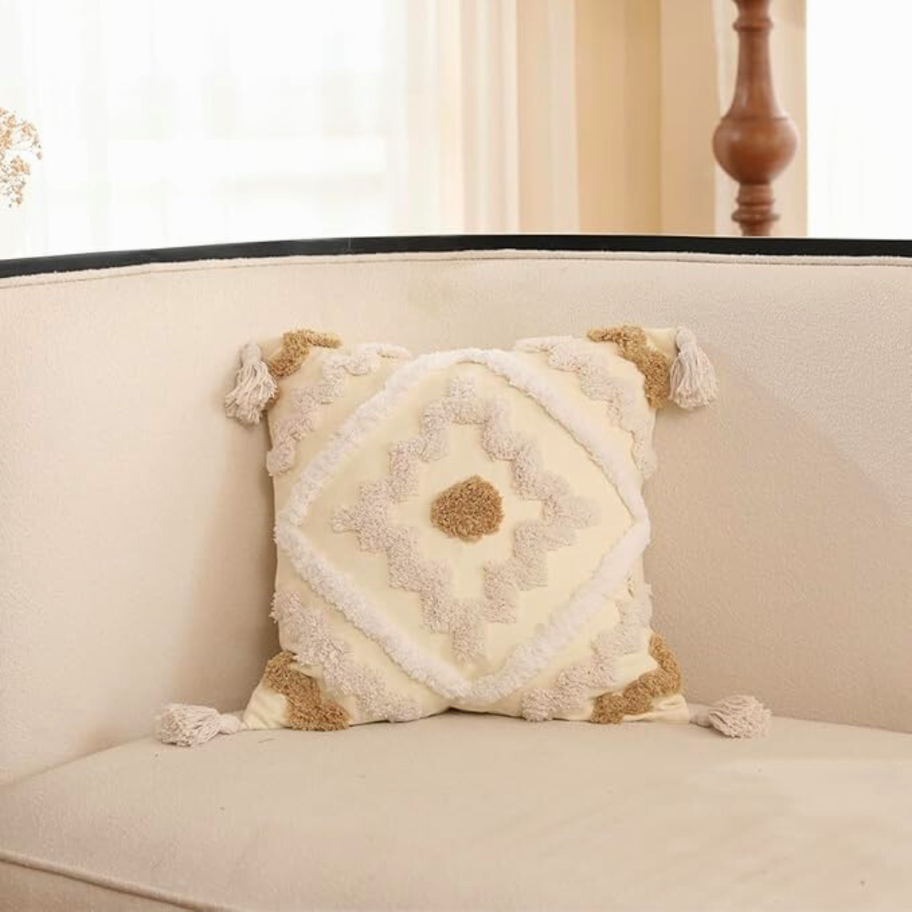 Boho Beige Decorative Cushion with Tassels – Handwoven Throw Pillow for Sofa & Bed