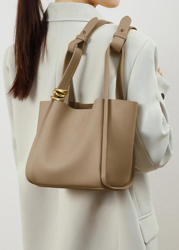 Genuine Leather Bucket Tote Bag for Women – Spacious Modern Handbag with Removable Inner Pouch & Gold Accents