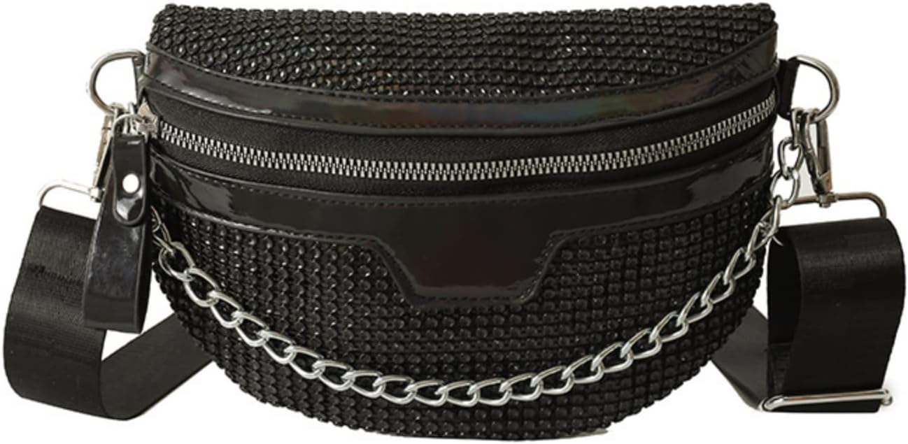 Trendy Black Crossbody Waist Bag with Chain Strap – Stylish Faux Leather Belt Bag for Women