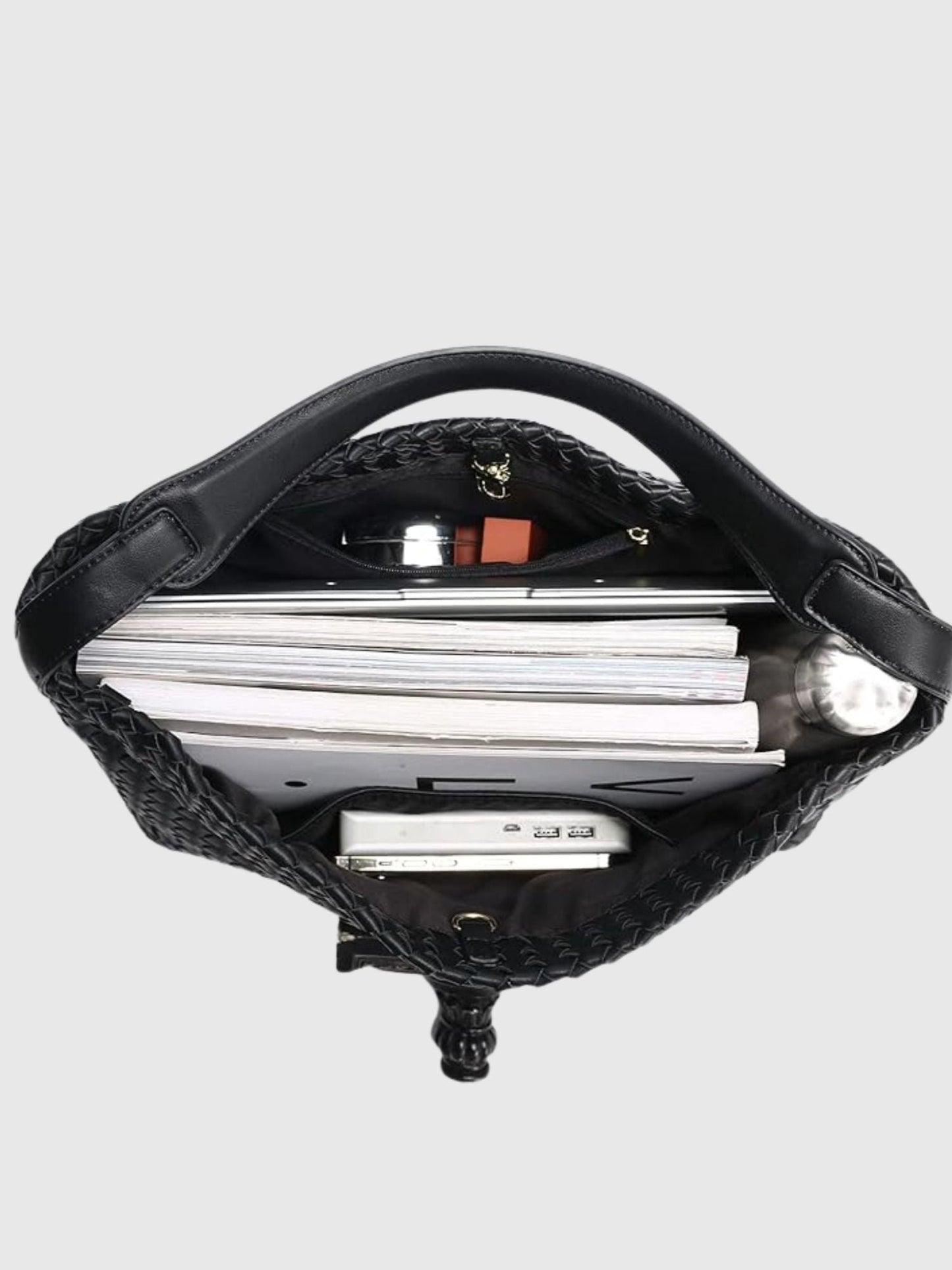 Vegan Leather Woven Hobo Shoulder Bag – Black, Stylish & Spacious