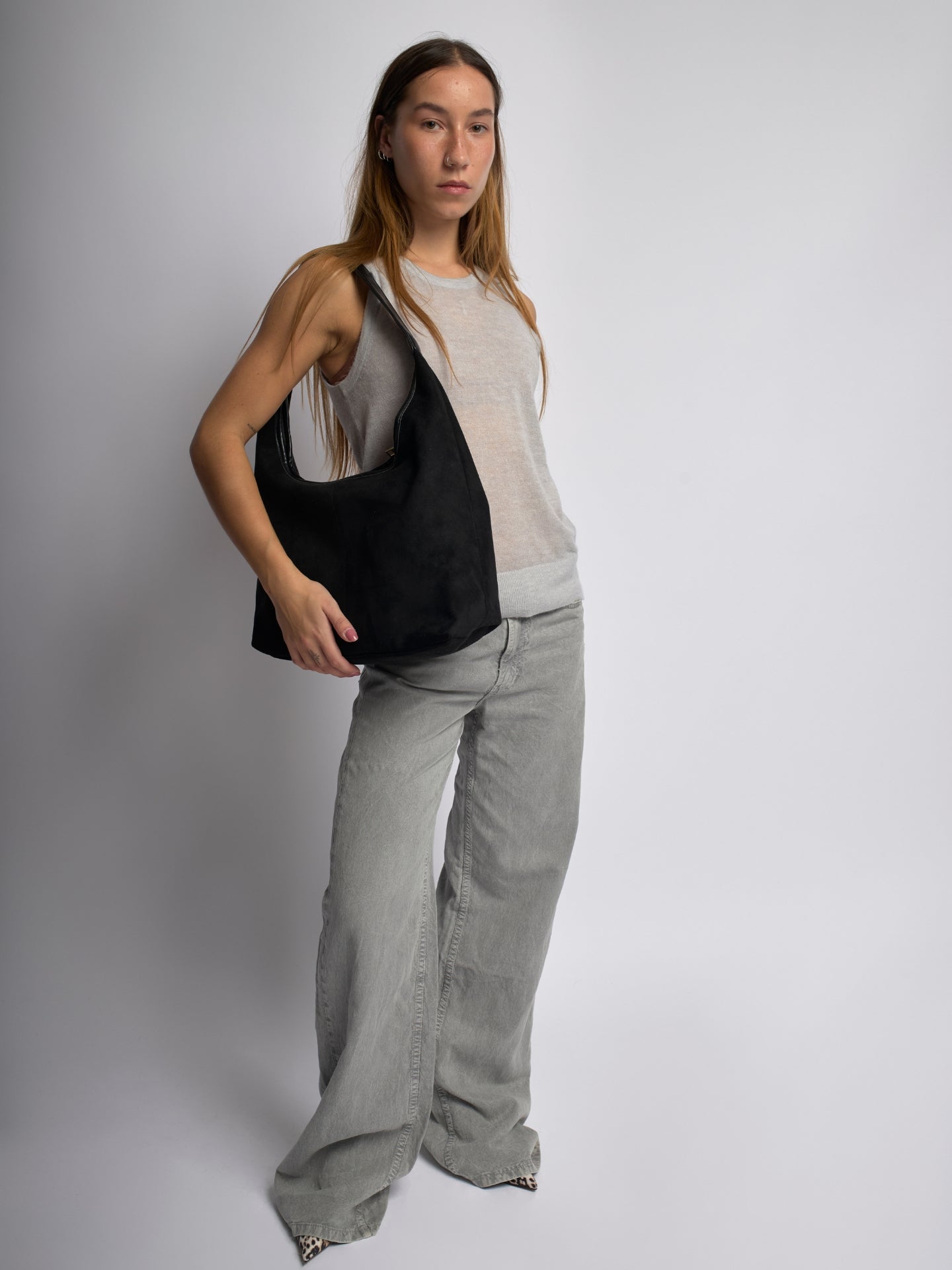 Black Suede Shoulder Bag – Minimalist & Spacious Design