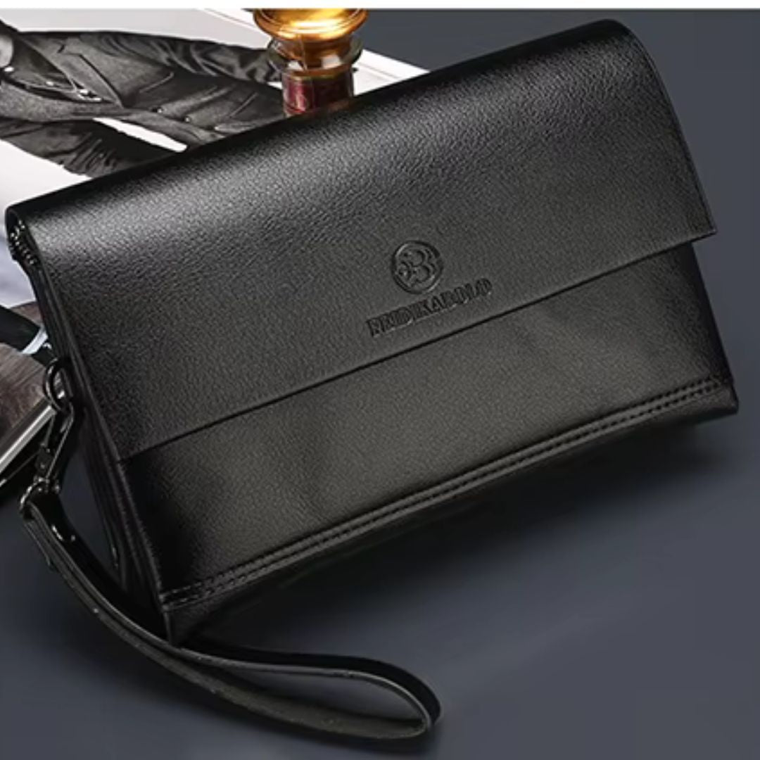 Men's Leather Wristlet Wallet – Multifunctional Clutch with Zippered Pockets