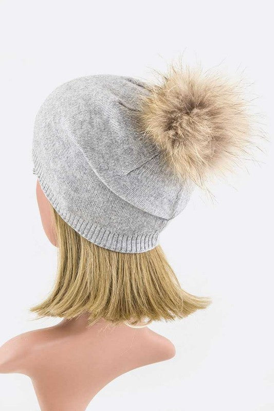 Luxury Wool-Cashmere Beanie with Detachable Raccoon Fur Pom Pom – Snap-On Winter Hat for Women