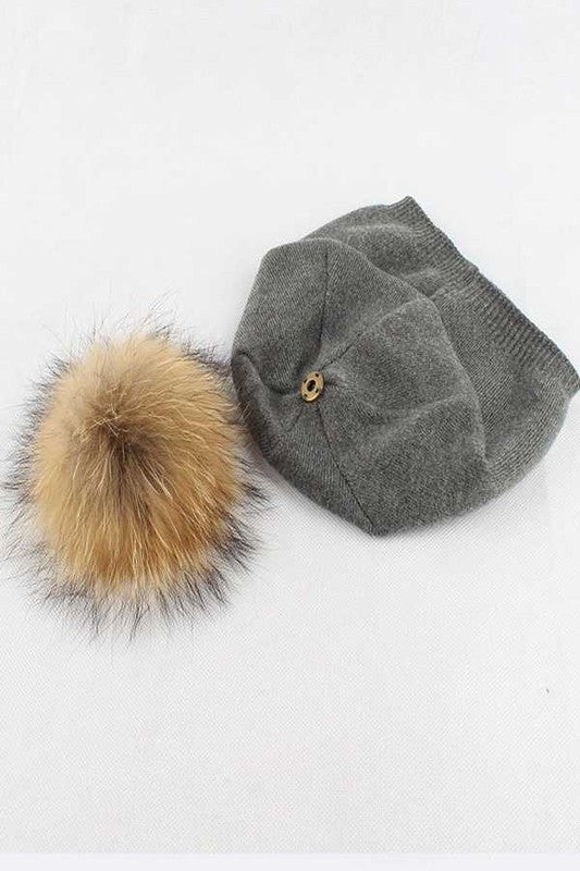 Luxury Wool-Cashmere Beanie with Detachable Raccoon Fur Pom Pom – Snap-On Winter Hat for Women