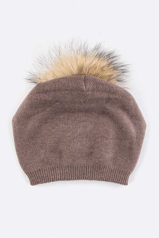 Luxury Wool-Cashmere Beanie with Detachable Raccoon Fur Pom Pom – Snap-On Winter Hat for Women