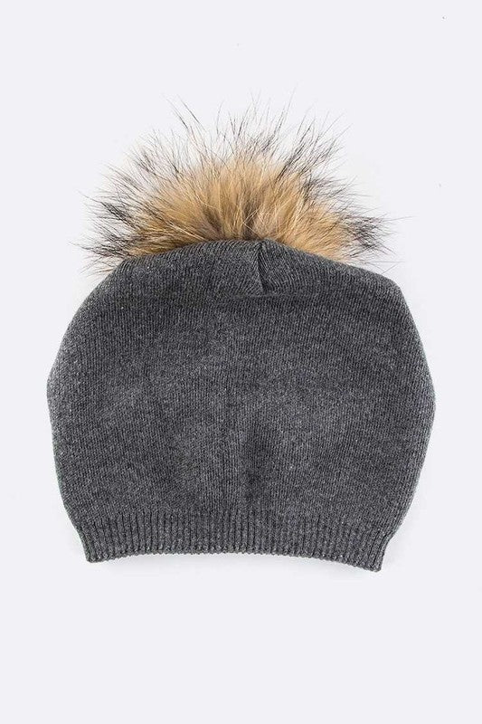Luxury Wool-Cashmere Beanie with Detachable Raccoon Fur Pom Pom – Snap-On Winter Hat for Women