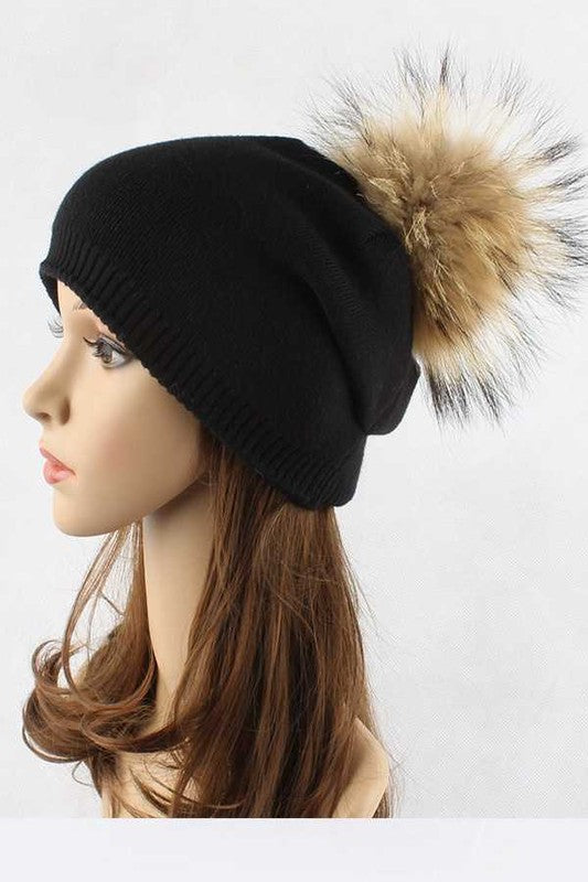 Luxury Wool-Cashmere Beanie with Detachable Raccoon Fur Pom Pom – Snap-On Winter Hat for Women