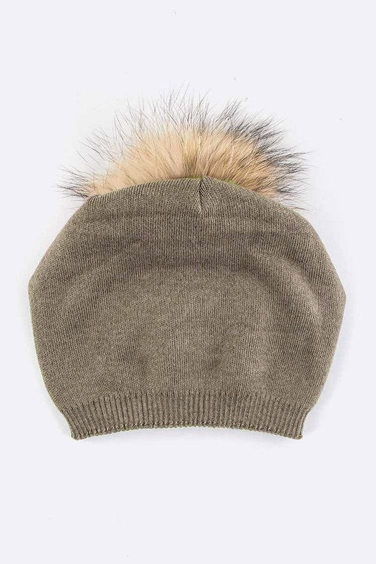 Luxury Wool-Cashmere Beanie with Detachable Raccoon Fur Pom Pom – Snap-On Winter Hat for Women