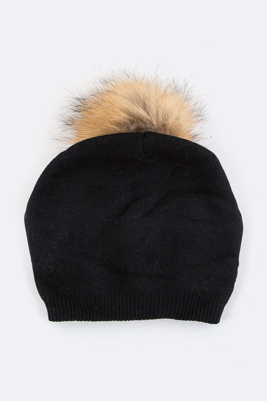 Luxury Wool-Cashmere Beanie with Detachable Raccoon Fur Pom Pom – Snap-On Winter Hat for Women