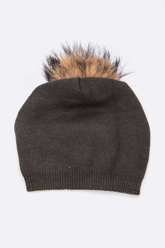Luxury Wool-Cashmere Beanie with Detachable Raccoon Fur Pom Pom – Snap-On Winter Hat for Women