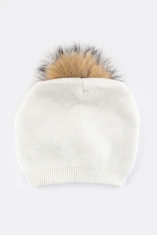 Luxury Wool-Cashmere Beanie with Detachable Raccoon Fur Pom Pom – Snap-On Winter Hat for Women