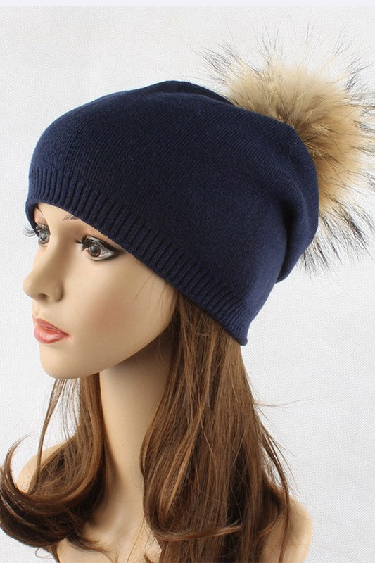Luxury Wool-Cashmere Beanie with Detachable Raccoon Fur Pom Pom – Snap-On Winter Hat for Women