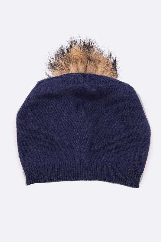 Luxury Wool-Cashmere Beanie with Detachable Raccoon Fur Pom Pom – Snap-On Winter Hat for Women