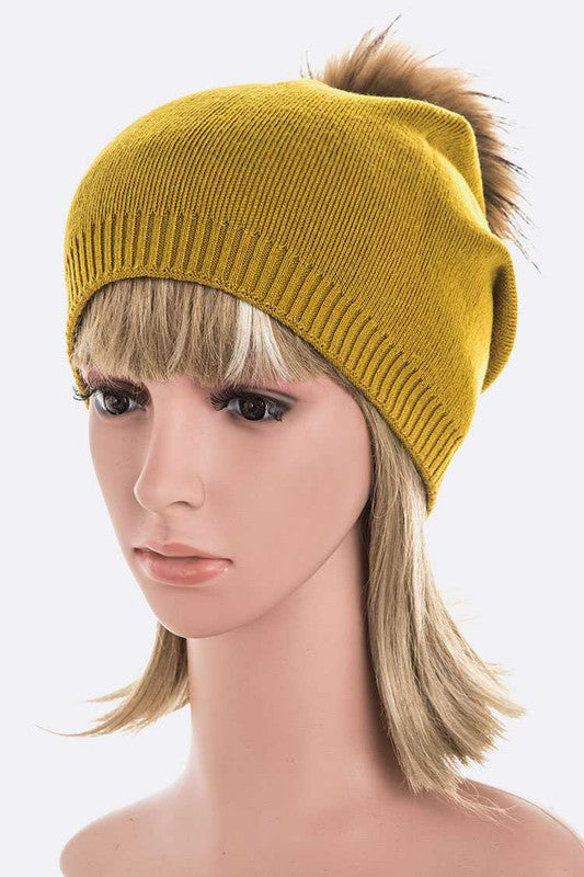 Luxury Wool-Cashmere Beanie with Detachable Raccoon Fur Pom Pom – Snap-On Winter Hat for Women