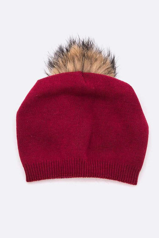 Luxury Wool-Cashmere Beanie with Detachable Raccoon Fur Pom Pom – Snap-On Winter Hat for Women