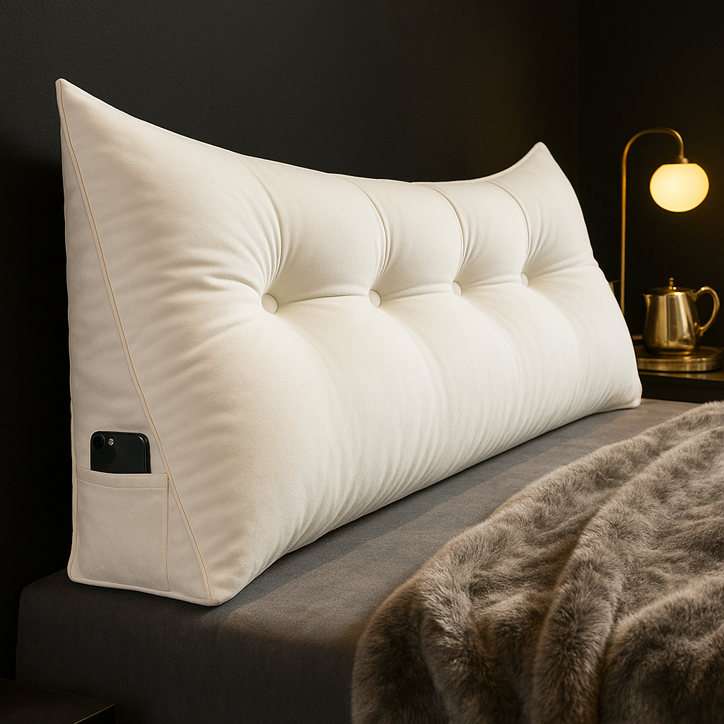 Ergonomic Headboard Cushion with Side Pockets – Long Bed Backrest Pillow for Reading, TV, and Relaxation