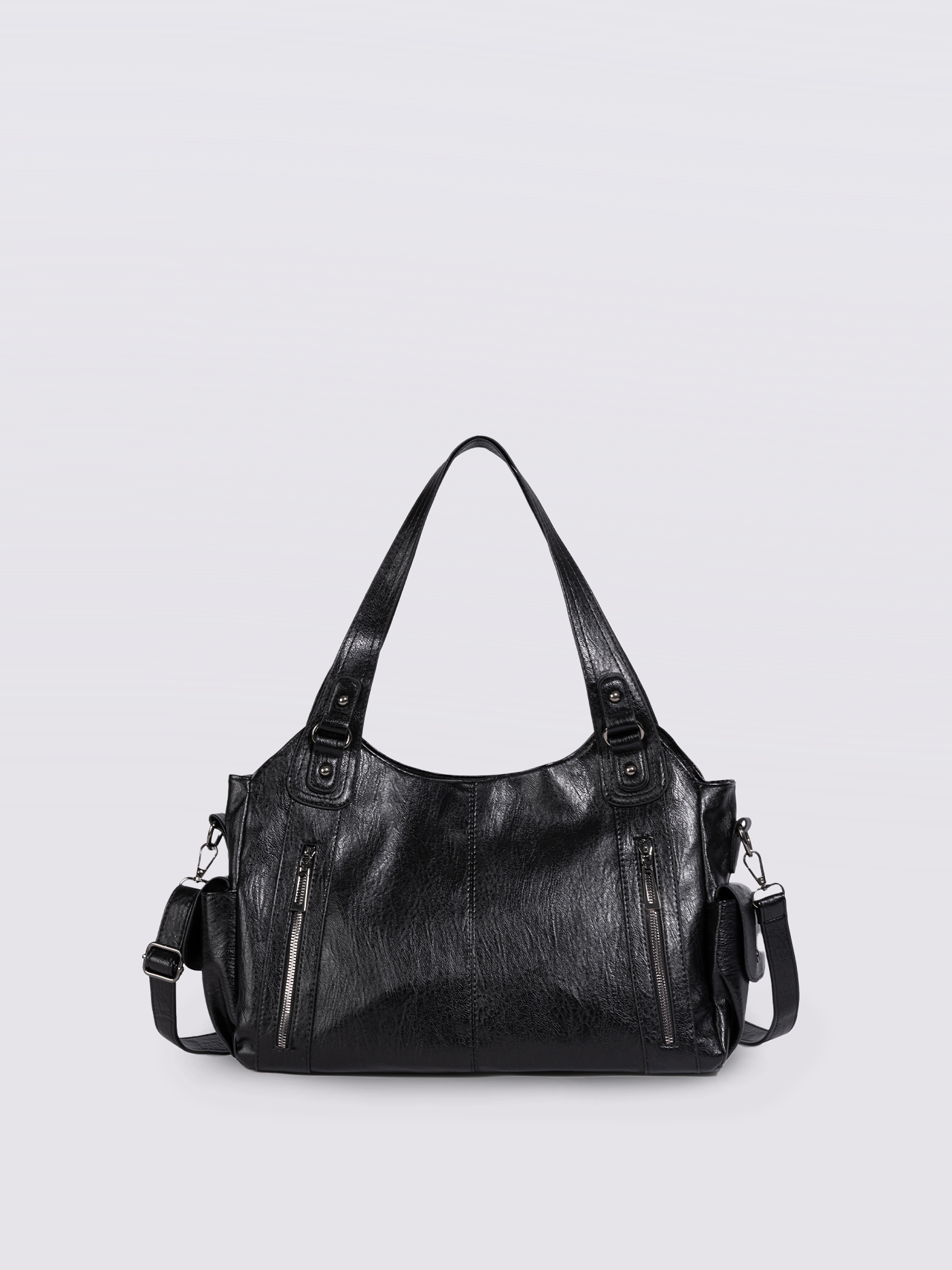 Black Leather Shoulder Bag with Side Pockets – Spacious & Elegant Women’s Leather Handbag