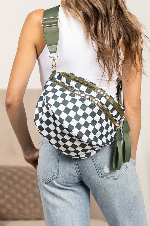 Oversized Plaid Crescent Crossbody Bag – Water-Resistant Nylon, Adjustable Strap, Multi-Pocket Design