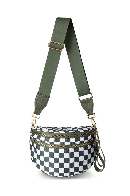 Oversized Plaid Crescent Crossbody Bag – Water-Resistant Nylon, Adjustable Strap, Multi-Pocket Design