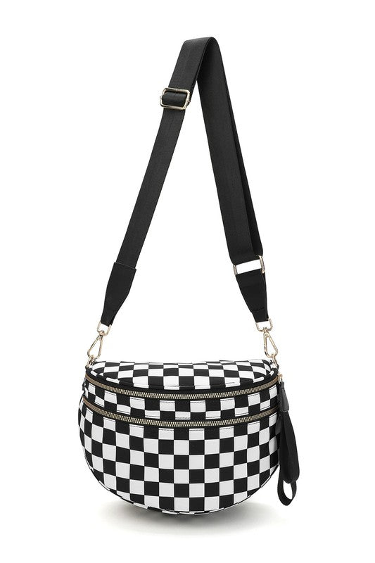 Oversized Plaid Crescent Crossbody Bag – Water-Resistant Nylon, Adjustable Strap, Multi-Pocket Design