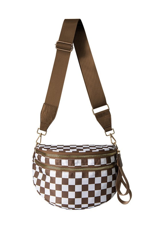 Oversized Plaid Crescent Crossbody Bag – Water-Resistant Nylon, Adjustable Strap, Multi-Pocket Design