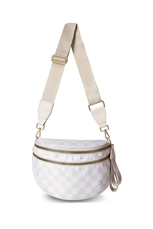 Oversized Plaid Crescent Crossbody Bag – Water-Resistant Nylon, Adjustable Strap, Multi-Pocket Design