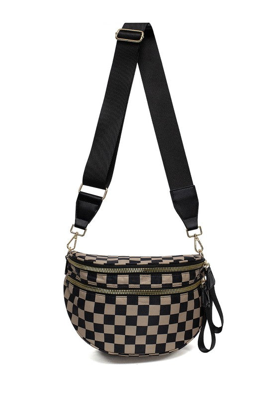 Oversized Plaid Crescent Crossbody Bag – Water-Resistant Nylon, Adjustable Strap, Multi-Pocket Design