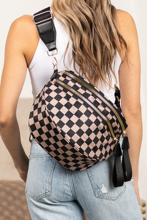 Oversized Plaid Crescent Crossbody Bag – Water-Resistant Nylon, Adjustable Strap, Multi-Pocket Design