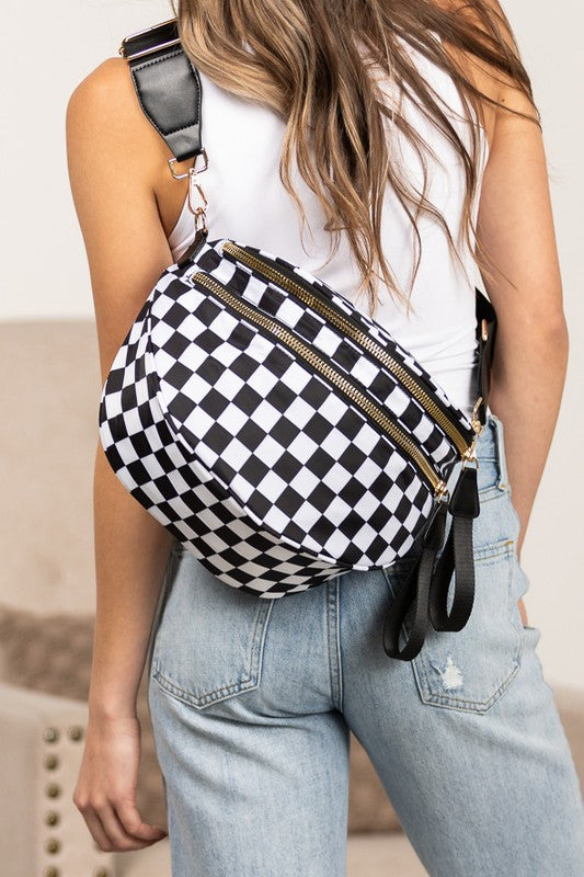 Oversized Plaid Crescent Crossbody Bag – Water-Resistant Nylon, Adjustable Strap, Multi-Pocket Design