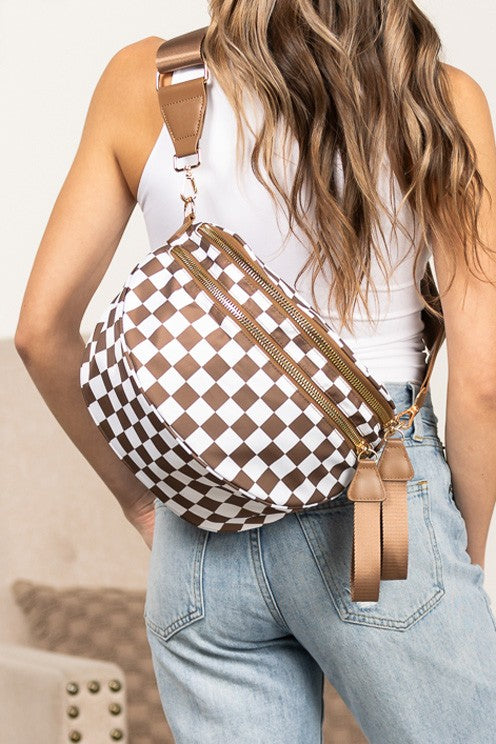 Oversized Plaid Crescent Crossbody Bag – Water-Resistant Nylon, Adjustable Strap, Multi-Pocket Design