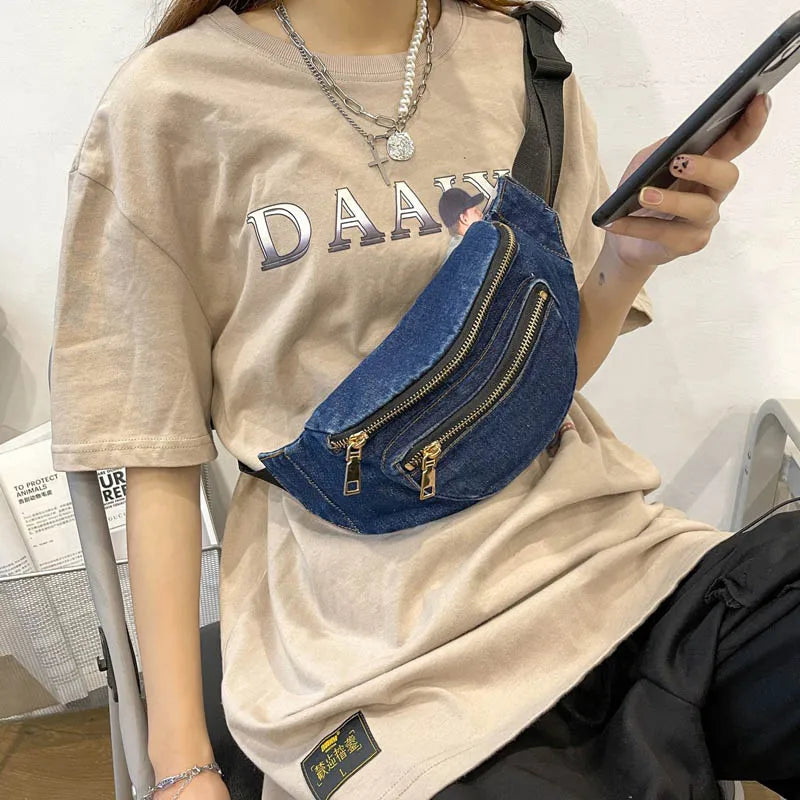 Trendy Denim Waist Bag – Crossbody / Fanny Pack with Multiple Zip Pockets, Casual Festival Hip Bag