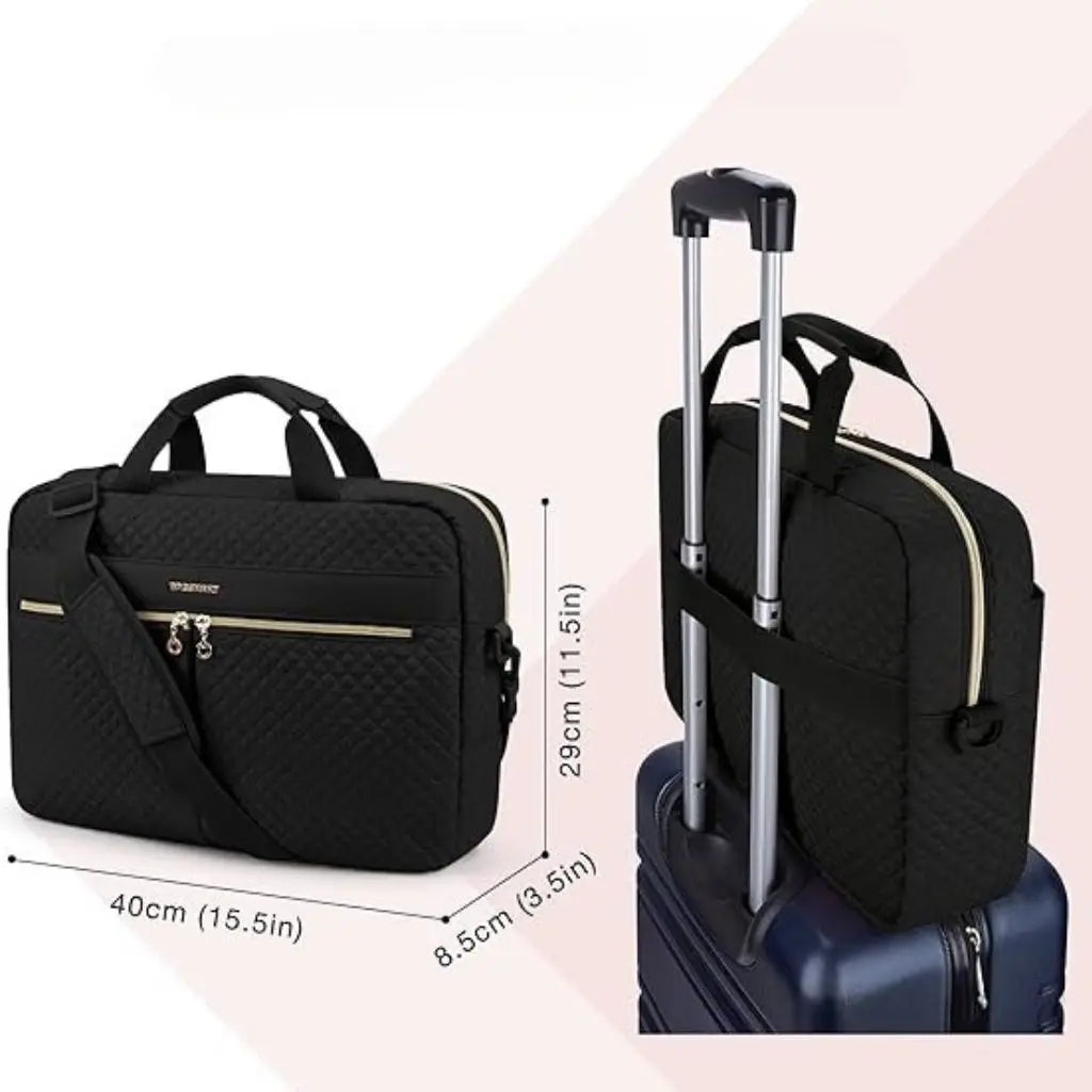 Stylish 17-Inch Black Laptop Bag for Women – Quilted, Water-Resistant, with Gold Accents & USB Port