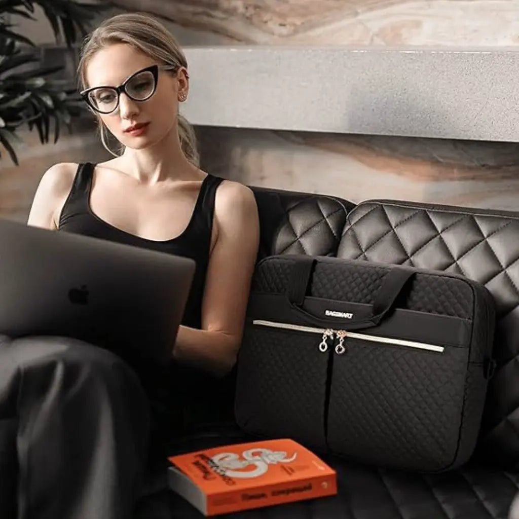 Stylish 17-Inch Black Laptop Bag for Women – Quilted, Water-Resistant, with Gold Accents & USB Port