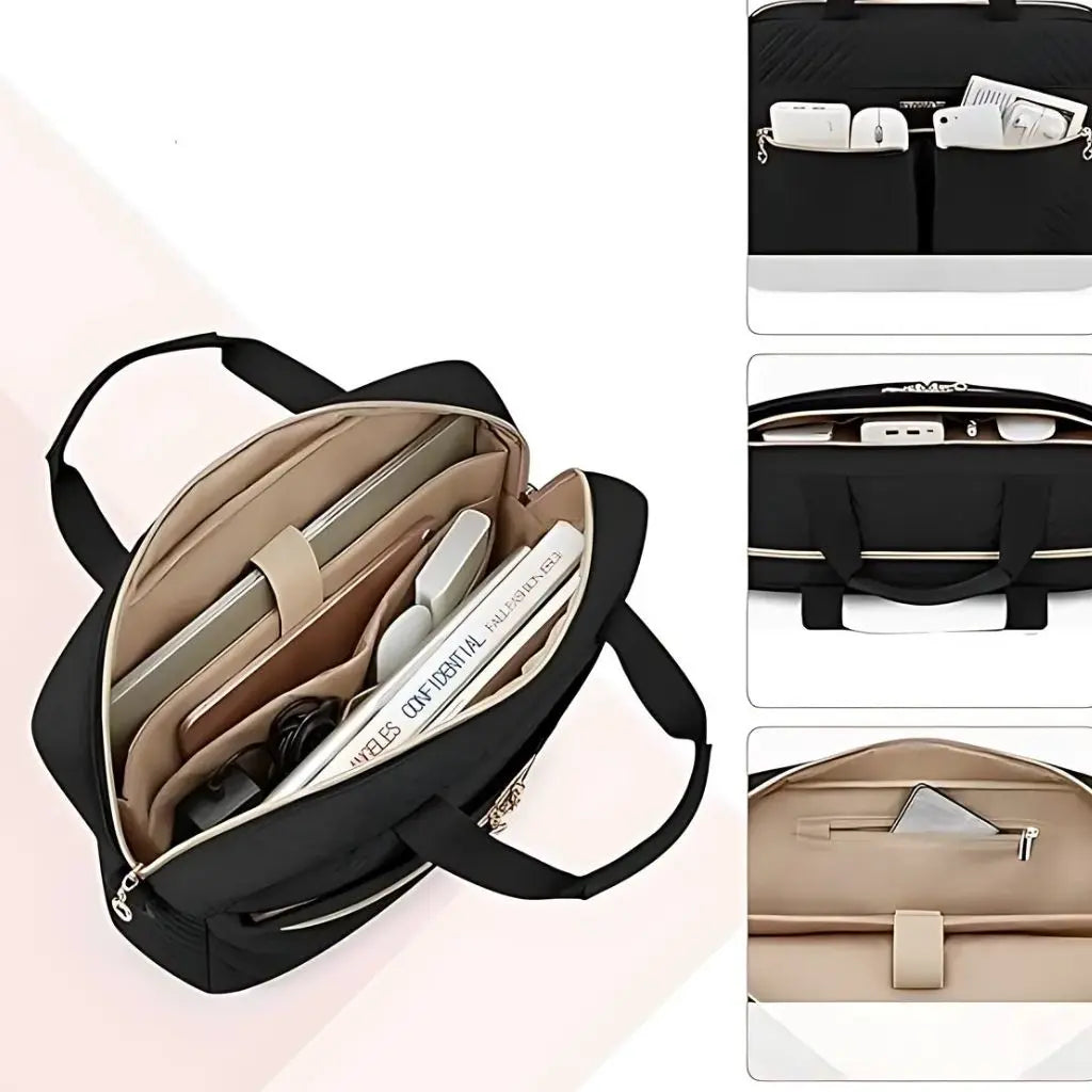 Stylish 17-Inch Black Laptop Bag for Women – Quilted, Water-Resistant, with Gold Accents & USB Port