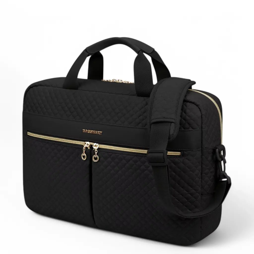 Stylish 17-Inch Black Laptop Bag for Women – Quilted, Water-Resistant, with Gold Accents & USB Port