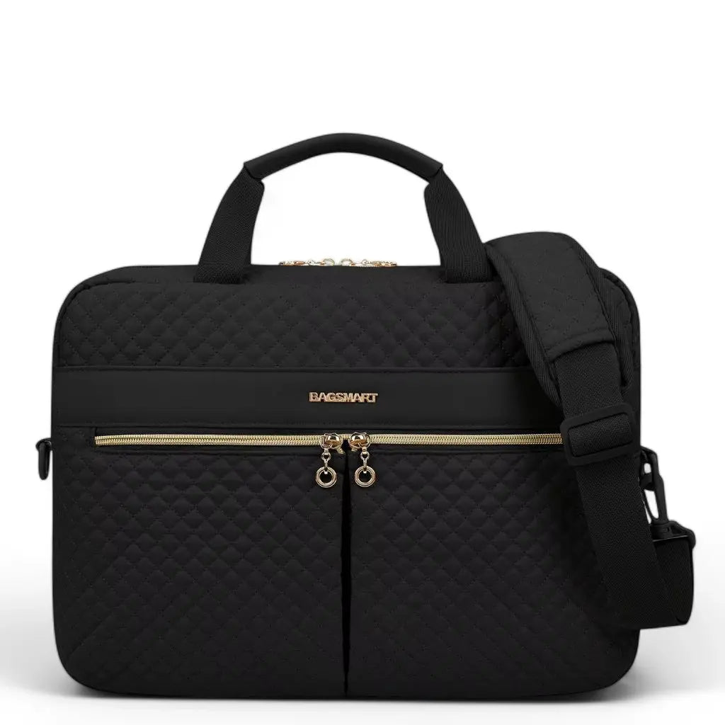 Stylish 17-Inch Black Laptop Bag for Women – Quilted, Water-Resistant, with Gold Accents & USB Port